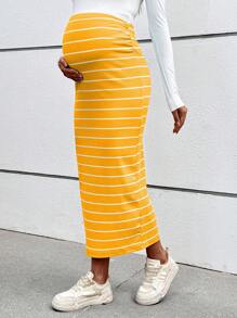 SHEIN Falda casual de maternidad con raya de talle alto y abertura lateral