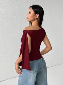 SHEIN PETITE 純色不對稱領口綁帶上衣，極簡時尚，適合夏季，適合嬌小女性 - 酒紅色 - 查看 2