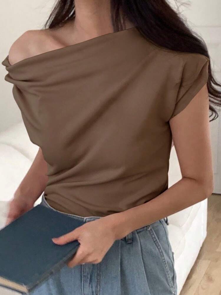 Women's Solid Color Asymmetric Neck Loose Pleated Fashion T-Shirt,Off Shoulder Top