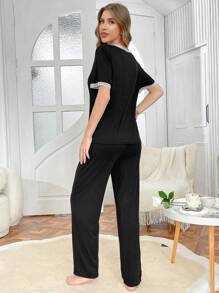 2 piezas Conjunto de ropa de dormir para mujer con cuello redondo y encaje