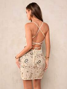 SHEIN BAE 女式垂领性感露背亮片刺绣迷你连衣裙，优雅连衣裙适合派对、日常外出、节日庆典、街头活动、夜间外出、约会、婚礼季、毕业季