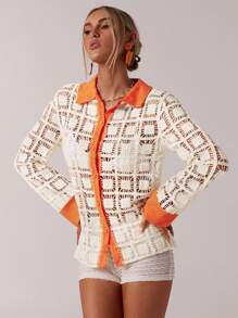 SHEIN Forever 21 Outfits/Curve Beachwear/Summer Clothes/Beach Vacation Outfits/Crochet/Color Contrast Cardigan Shirt - Multicolor - View 3