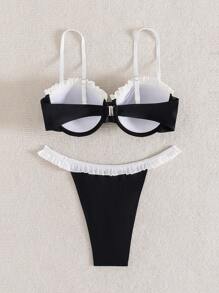 SHEIN 2 pièces Ensemble de bikini avec nœud à effet bicolore noir et blanc, volants élégants pour vacances à la plage pour femmes