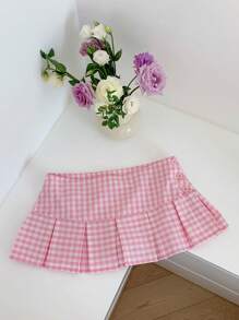 SHEIN Comfortcana Spring Break Plaid Print Mini Pleated Skirt - Pink - View 8