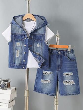 Tween Boy Distressed Denim Hooded Vest And Shorts Set, School, Campus, College Summer Holiday