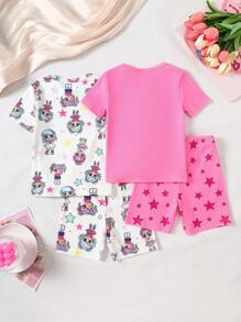 4 Stücke/Set Mädchen Cartoon Mädchen Muster T-Shirt & Shorts Schlafanzug Set, süß und niedlich für Kleinkind/Kind, elastisch und bequem, Sommer