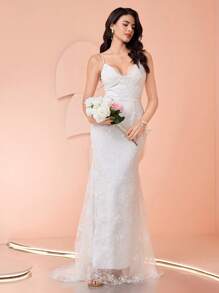 Coutiva Elegantes tailliertes Spitzen-Patchwork-Hochzeitskleid mit bestickter Meerjungfrauenlinie, Spaghettiträgern, rückenfreiem Design und Bodenlänge für Damen