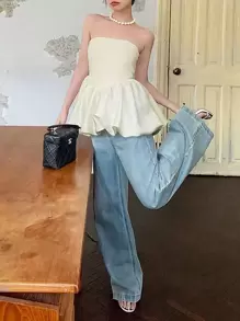 Top bandeau de diseño minimalista con borde con forma de burbuja, adecuado para el verano - Champán - Ver 4