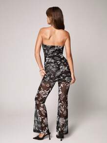 SHEIN Unity Sexy Mesh Floral Print Cinched Waist Ruffle Hem Women's Jumpsuit - Black - View 2