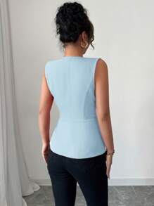 Elenzga 女士休闲无袖衬衫，法式优雅度假和办公装，纯色 V 领交叉双排扣金属纽扣褶皱 A 字型，春夏 - 淺藍色 - 查看 2