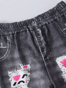 SHEIN Baby Girl Fashion Minimalist Puff Sleeve Long Sleeve Slogan Print Sweatshirt Top And Denim-Effect Print Pants Casual Set, Autumn - Pink - View 6