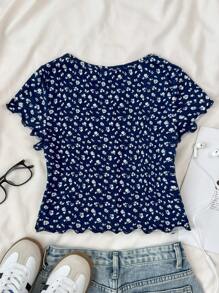 SHEIN 少女海军蓝碎花修身短款 T 恤，甜美迷人可爱上衣，适合春夏季、午餐、外出、干净女孩造型、家居服 - 寶藍色 - 查看 2