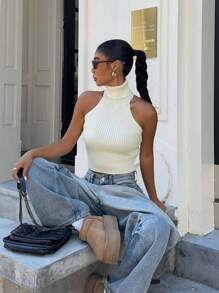 Flirla Blusa de punto casual sin mangas con cuello de tortuga de unicolor para mujer - Albaricoque - Ver 6