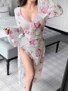 SHEIN Women's Sexy Floral Print Bell Sleeve V-Neck Split Hem Nightgown - Multicolor - View 7
