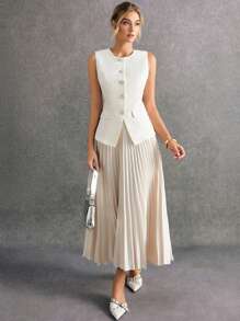 Poéselle 女士优雅杏色无袖粗花呢上衣和褶皱中长裙套装，包含一件饰有仿珍珠纽扣的无袖粗花呢背心和一条褶皱中长裙。这款精致的杏色套装散发着法式假日优雅气息，适合正式场合和约会等外出活动，以及秋冬季两件套造型。 - 米色 - 查看 5