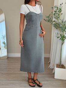 DAZY 女式休闲长款牛仔背带裙，带口袋，太阳裙 - 淺藍色 - 查看 7