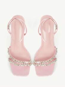 CUCCOO CHICEST 女士粉色水钻方形简约系带方头细高跟中跟高跟鞋，优雅休闲舒适一脚蹬工作通勤正装凉鞋，适合约会、聚会、下午茶 - 粉色 - 查看 9