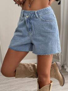 DAZY Pantaloncini di jeans da donna con colletto inclinato, design in vita e orlo sfilacciato, per l'estate
