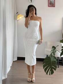 Elenzga Textured Fabric Elegant Strapless Midi Dress - White - View 1