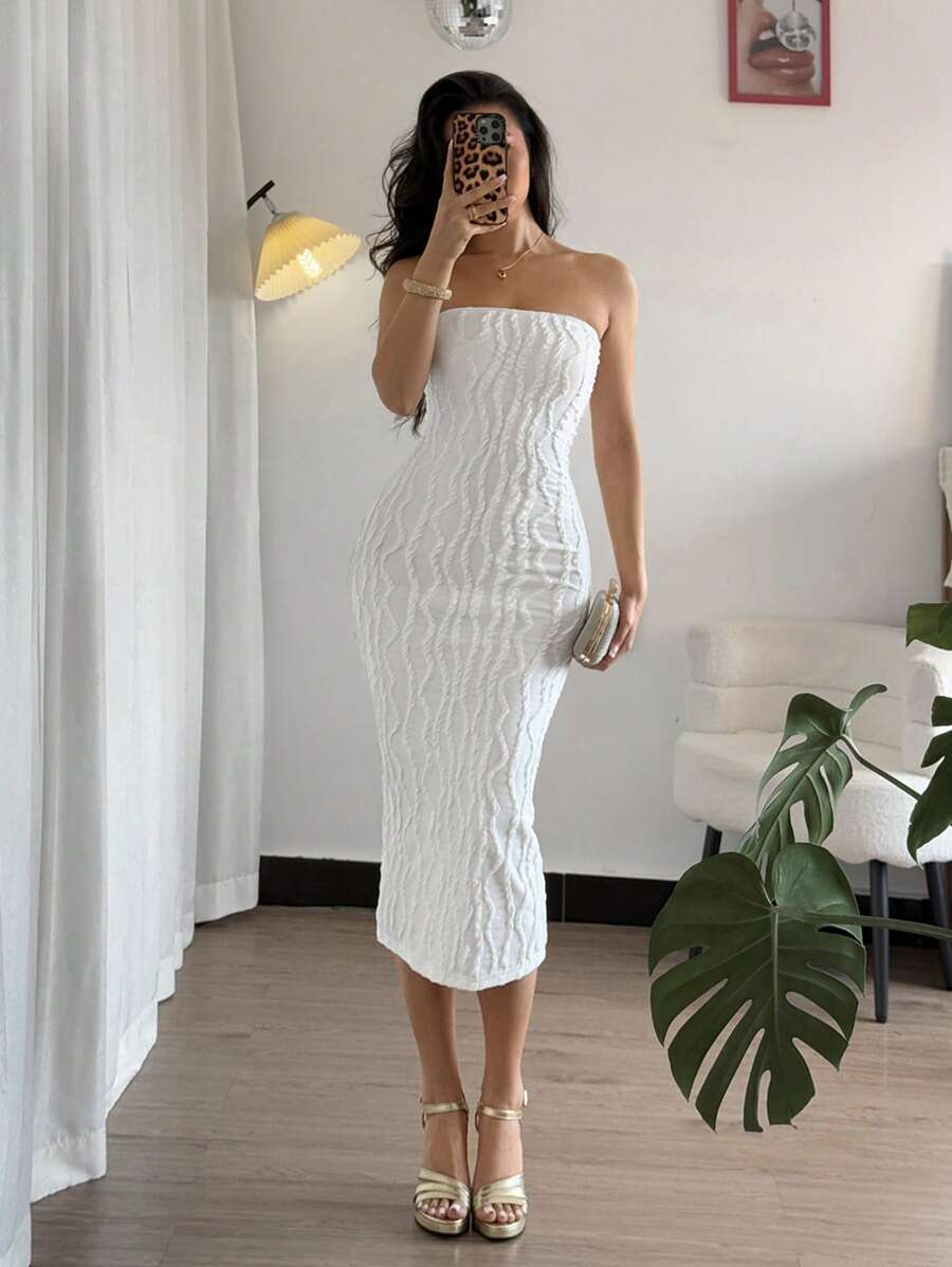 Elenzga Textured Fabric Elegant Strapless Midi Dress - White - View 1
