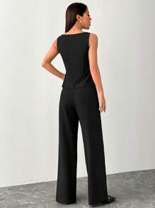 SHEIN PETITE Conjunto elegante de chaleco y pantalones de un solo abotonado de unicolor con cuello redondo para mujer, ropa de verano y otoño, traje de oficina, conjunto de oficina de negocios casuales, conjunto de 2 piezas, chaquetas de mujer, conjunto de oficina para mujer - Negro - Ver 2