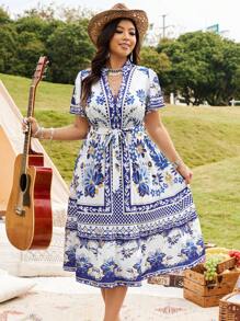 SHEIN Clasi Plus Size Printed Stand Collar V-Neck Lantern Sleeve A-Line Dress - Blue and White - View 5