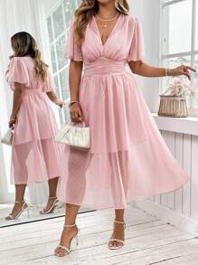Flirla Vestido Plus Size Romântico Decote Em V Chiffon Pom-Pom Acabamento Cintura Cinto, Primavera/Verão - Rosa - Ver 4