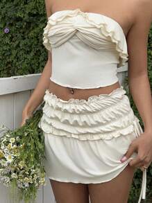 SHEIN EZwear 女士度假休闲纯色扭纹荷叶边抹胸上衣和迷你裙 2 件套 - 白色 - 查看 6