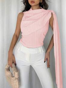 Chiquease Elegant Round Neck Pleated Design Sleeveless Women Blouse