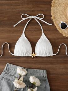 Swim Mod 女士海滩露背系带纯色纯白针织泳衣上衣，适合夏季度假