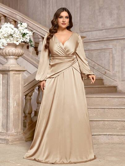 SHEIN Belle Plus Size Grey-Green Overlapped Waistline Puff Sleeve Simple Elegant Bridesmaid Dress