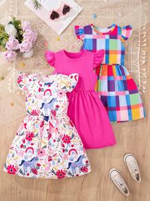 3pcs Girls Young Girl Cartoon Floral Plaid Print Cap Sleeve Dress Set, Summer