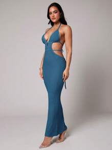 Silquee 罩衫黑色钩针性感深 V 领镂空开衩春夏度假服中长款女式连衣裙 - 水鴨藍 - 查看 4