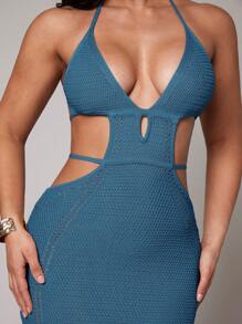 Silquee 罩衫黑色钩针性感深 V 领镂空开衩春夏度假服中长款女式连衣裙 - 水鴨藍 - 查看 8