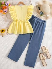 SHEIN Tween Girls' Cap Sleeve Ruffle Hem Crop Top & Pearl Embellished Pants Set - Yellow - View 2