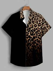 Manfinity BRENVOR Men's Leopard Gradient Woven Short Sleeve Shirt Suitable For Summer - Black - View 2