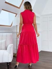 Flirla Plus Size Women Elegant Solid Color Utilitarian Design Belted Maxi Shirt Dress - Red - View 2