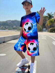 Set de 2 piezas para niños: Camiseta de manga corta con estampado 3D de fútbol colorido y pantalones cortos