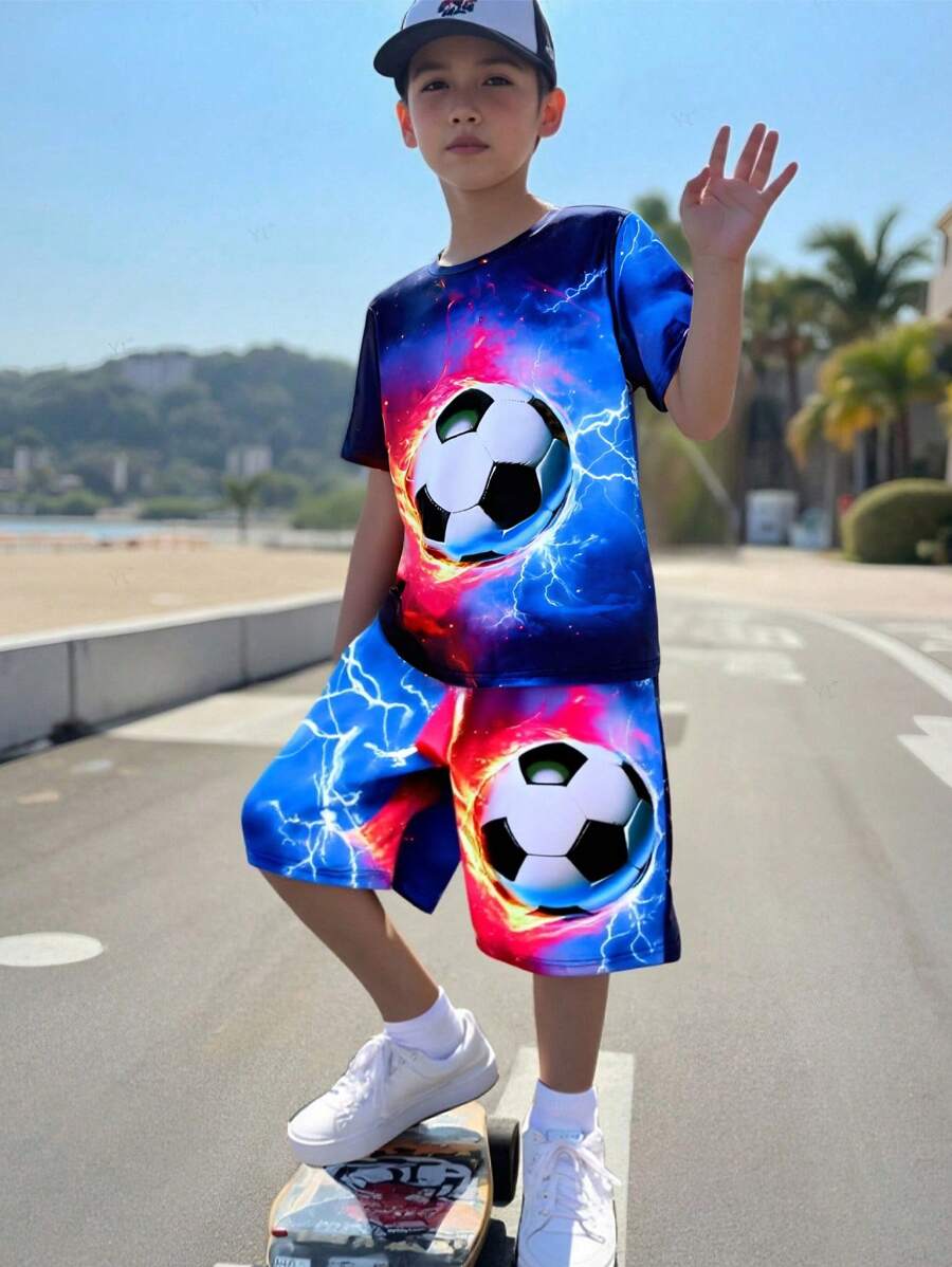 Set de 2 piezas para niños: Camiseta de manga corta con estampado 3D de fútbol colorido y pantalones cortos