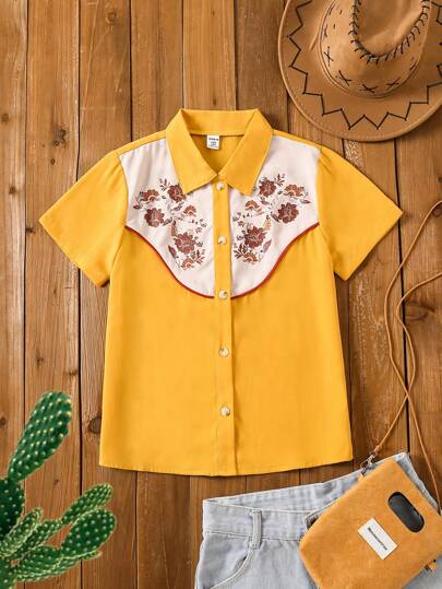 SHEIN 独特的拼布设计女孩粉色衬衫，带有斋月花卉印花，百搭西式风格，适合户外活动和社交聚会，春夏季