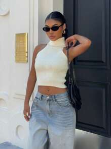 Flirla Blusa de punto casual sin mangas con cuello de tortuga de unicolor para mujer - Albaricoque - Ver 3