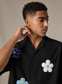 SWAVVY 男士休闲宽松短袖蓝色花织衬衫，年轻日常穿着 - 黑色 - 查看 5