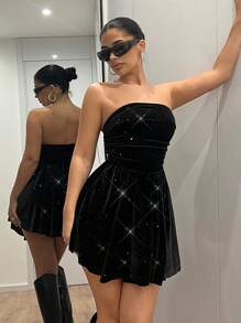 SHEIN ICON Party Shiny Bandeau Bodycon A-Line Mini Princess Dress, Black - Black - View 5