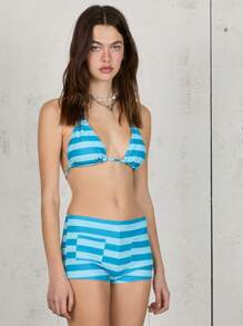 COUREZ Set bikini cu dungi albastre, decolteu halter, cu pantaloni scurți tip bot, ținute de vacanță, ținute de plajă, set din 2 piese, pentru vara Y2K, vintage