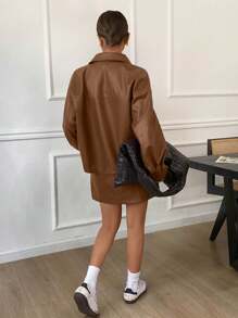 SHEIN Frenchy 2pcs/Set Women Solid Color Long Sleeve Single-Breasted Jacket And Midi Skirt