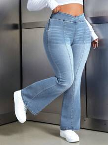 SHEIN ICON 大码破洞修身喇叭牛仔裤 - 淺色水洗藍 - 查看 3