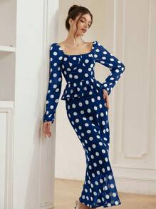 Aveloria Rosie French Elegant Square Neck Retro Polka Dot Patchwork A-Line Ruffle Dress With Fitted Waist, Women Long Sleeve Long Gown