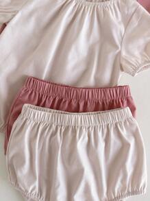 Loomiva 4 件套女婴套装：纯色圆领泡泡袖上衣和松紧腰短裤 - 彩色 - 查看 7