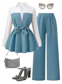 2pcs Teen Girls Contrast Color Long Sleeve Top And Pants Casual Set