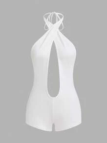 SHEIN ICON Criss-Cross Halter Neck Sexy Deep V Jumpsuit - White - View 1